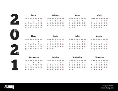 2021 Año Calendario Simple En Español Aislado En Blanco Imagen Vector