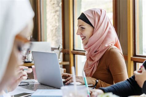 Islamic Women Working Together With Happiness Stock Image Image Of