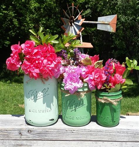 3 Mason Jar Vases Distressed Wide Mouth 3 By Love4pawscafe On Etsy