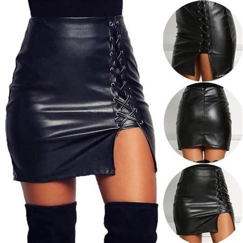 Femmes Sexy Mini Jupe Noir Fendue Taille Haute Jupe Faux Cuir Moulante