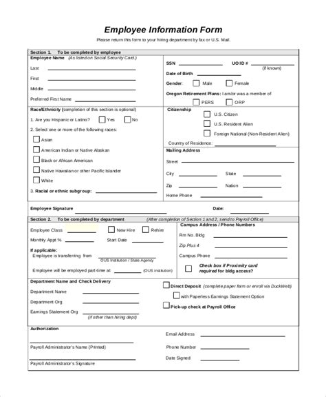 Printable Employee Info Form Printable Forms Free Online