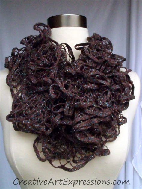 Creative Art Expressions Hand Knit Brown And Turquoise Glam Ruffle Scarf