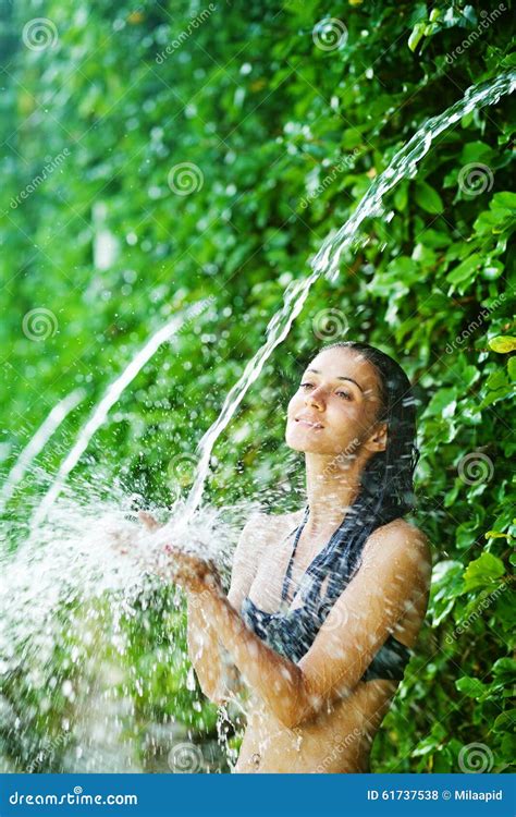 Woman Having Shower Under Tropical Waterfall Stock Photo Image Of