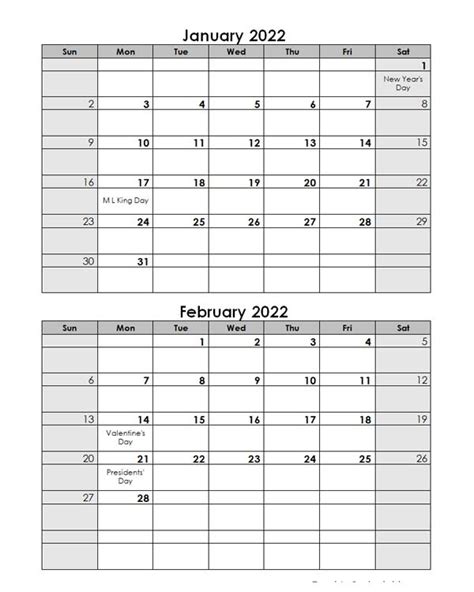 2022 Word Calendar Template Two Months In One Page Free Printable