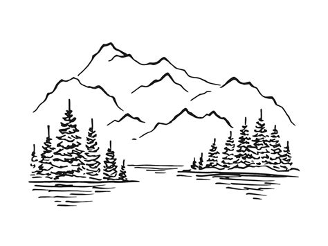 Montaña Con Pinos Y Paisaje Lacustre Picos Rocosos Dibujados A Mano En