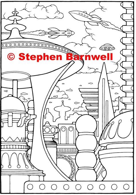 Sci Fi Adult Coloring Page Futuristic City Etsy