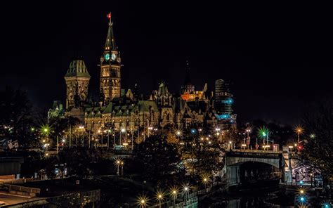 Canada Ottawa City Night Buildings Lights Trees Wallpaper