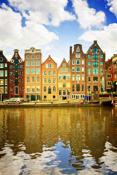 Medieval Houses Over Canal Water In Amsterdam ~ Architecture Photos ~ Creative Market