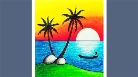 Easy Sunset Scenery Drawing How To Draw Simple Scenery Of Sunset In Tropical Beach