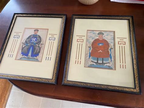 Antique Vintage Chinese Framed Paintings On Silk Emperor And Empress