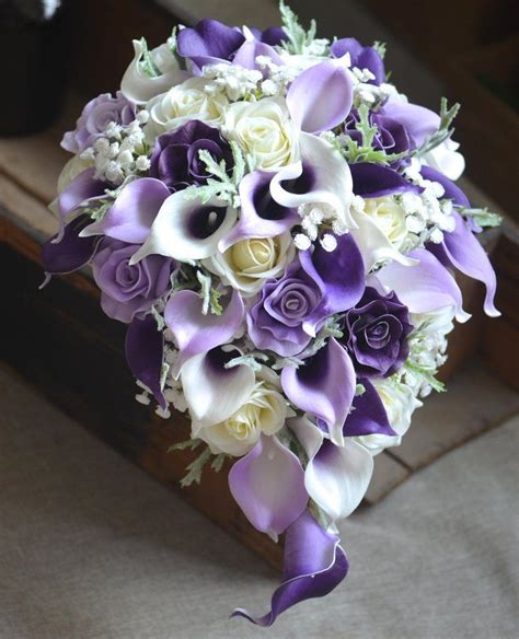 purple calla lilies plum roses real touch flowers bridal etsy silk wedding bouquets lilac