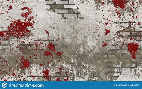 Abstract Grey Brick Wall With Red Bloody Stains Rough Cracked Cement
