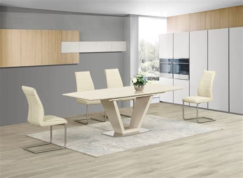 This beautiful wooden dining table extends to seat 8. GA loriga Cream Gloss Glass Designer Dining Table ...