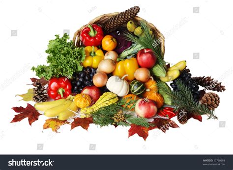 Thanksgiving Basket Filled With Autumn Fruits And Vegetables Stock