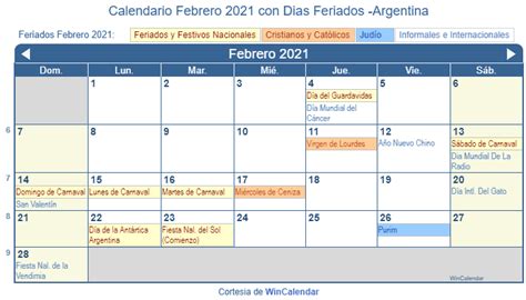 Calendario Febrero 2021 Para Imprimir Argentina