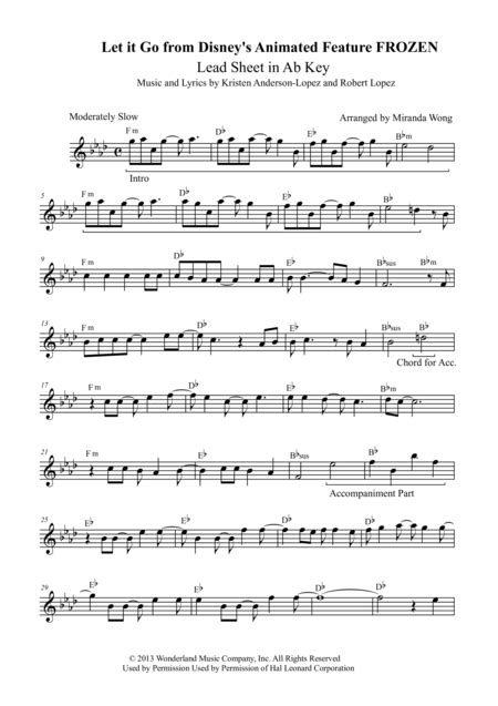 Let It Go From Frozen Lead Sheet In C Key With Chords Free Music Sheet