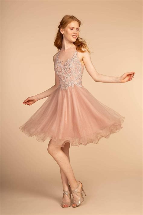 Elizabeth K - GS1607 Embroidered Bodice Illusion Tulle Cocktail Dress