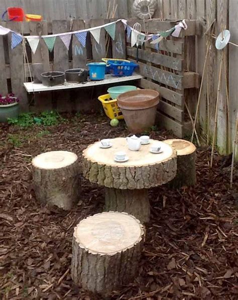 Tree Trunk Table And Chairs Set In Mud Kitchen Gardening