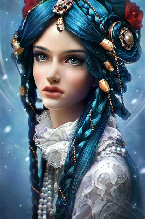 Wallpaper Digital Art Long Hair Blue Hair Black Hair Doll Girl Beauty Computer