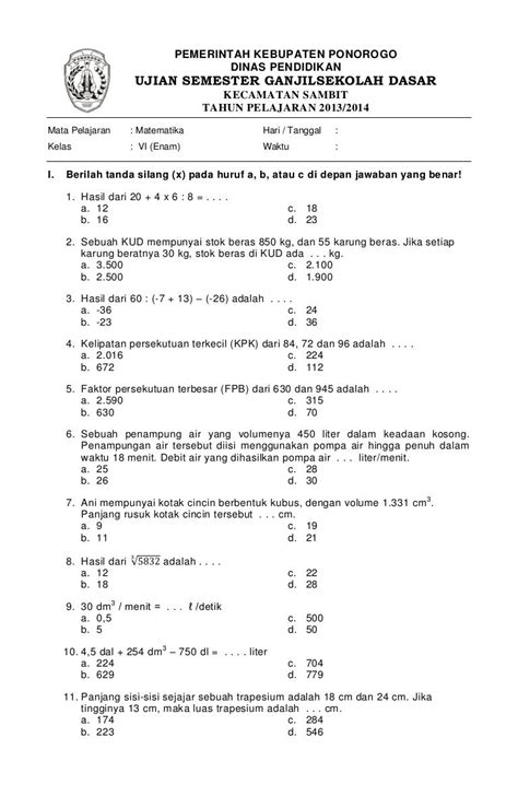 Soal Matematika Kelas 5 Semester 1 Dan Kunci Jawaban 2021 Homecare24