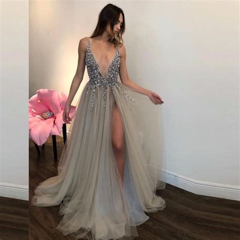 Abiye Sexy Gray Rhinestone Tulle Prom Gowns Women Deep V