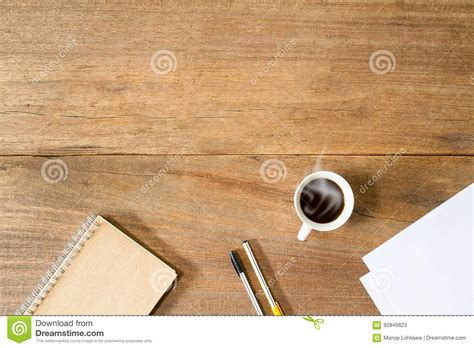 Coffee Cupnotebook White Paper And Pens On Vintage Grunge Wooden Desk