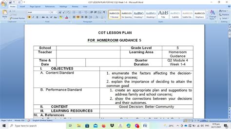 Sample Of Cot Lesson Plan For Homeroom Guidance Youtube