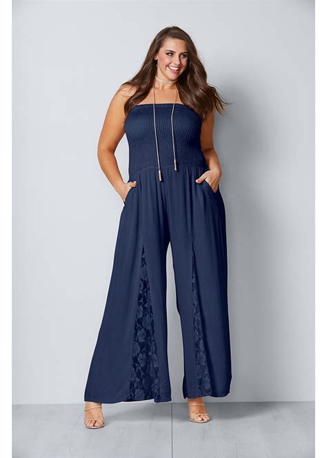 Plus Size Sleeveless Smocked Jumpsuit With Lace Detail In Navy Venus
