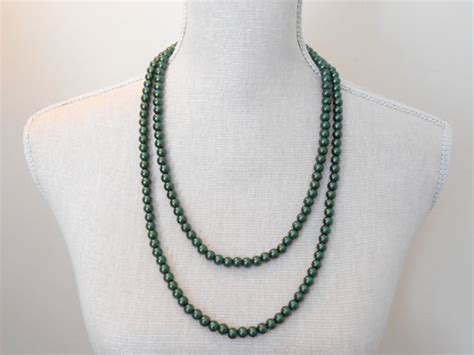 Dark Green Necklace Pearl Necklace Long Necklace Wedding Etsy