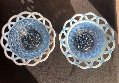 Vintage Imperial Glass Katy Blue Opalescent Bowls Open Lace Trim Cane