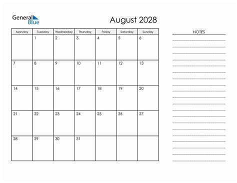 Printable Monthly Calendar With Notes August 2028