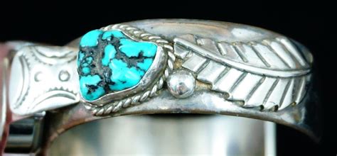 Item P Vintage Navajo Turquoise Silver Leaves Watch Cuff W Watch