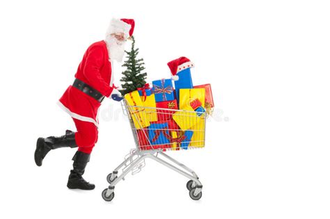 Santa Claus Running With Shopping Cart Stock Photo Image Of Colorful