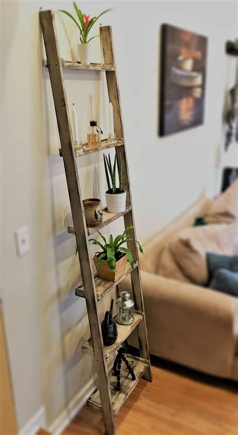 Distressed Wood Ladder Shelf Wall Mounted Etsy In 2020 Wood Ladder