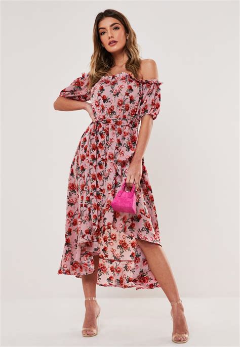 Pink Floral Bardot Wrap Midi Tea Dress Missguided