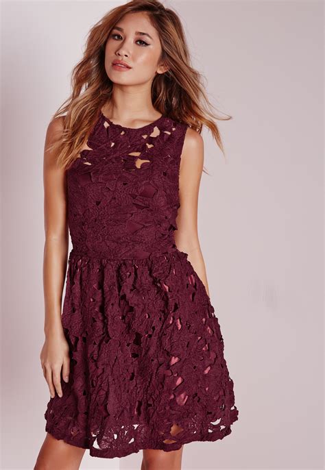 Missguided Sleeveless Lace Skater Dress Plum In Red Lyst