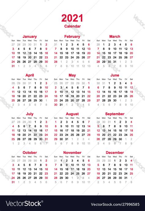 Calendar 2021 12 Months Yearly Calendar Vector Image