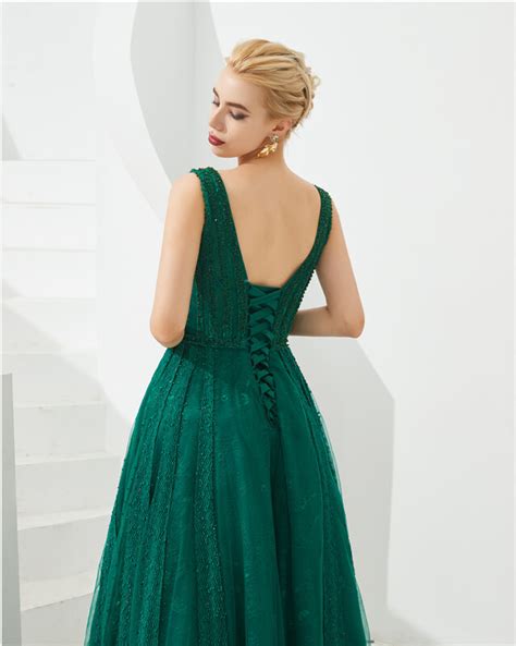 V Neck Tulle Semi Formal Dress Green Evening Dress With Lace Up Back