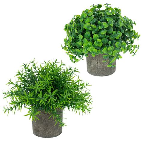 2 Pack Small Potted Artificial Plants Mini Faked Plants In Cement Pulp