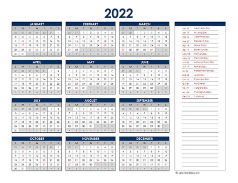 Yearly Calendar 2022 Free Printable Free Letter Templates