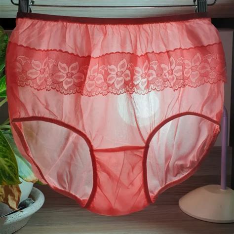 Vintage Sheer Nylon Panties Peach Pink Bikini Floral Lace Brief Sz 8