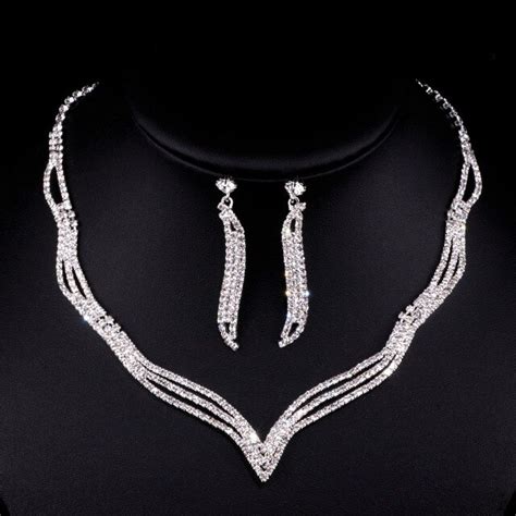 2017 hot simple crystal bridal jewelry sets silver color rhinestone earrings necklace sets for