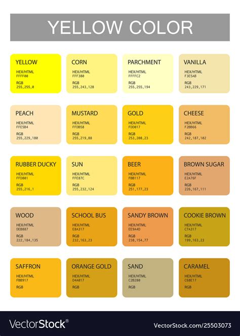 Shades Of Yellow Color With Names And Html Hex Rgb Cmyk Codes Images