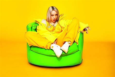 Billie Eilish Singer Tongue Out Yellow Background Design Artwork