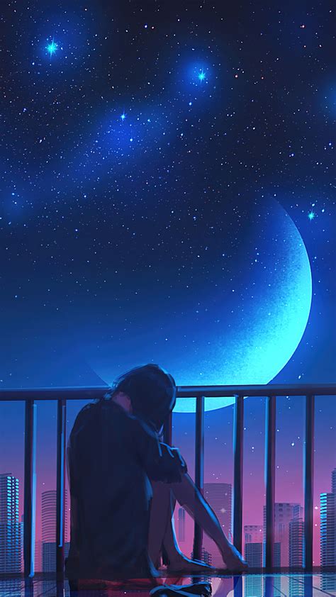 lonely girl alone moon night city scenery phone iphone 4k wallpaper free download