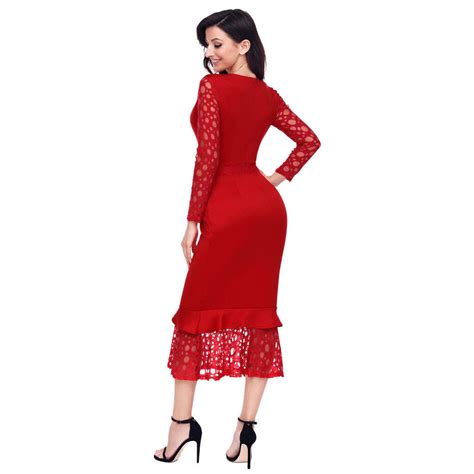sexy hollow out long sleeve lace ruffle bodycon midi formal party evening dress ebay