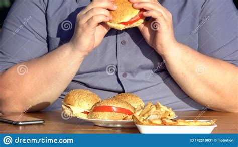 Unhealthy Food Addiction, Obese Hungry Man Eating Fatty Burgers ...