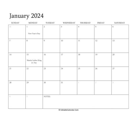 Editable Calendar January 2024
