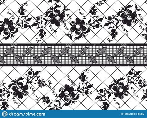 Seamless Black Vector Lace Pattern With Flowers On White Background