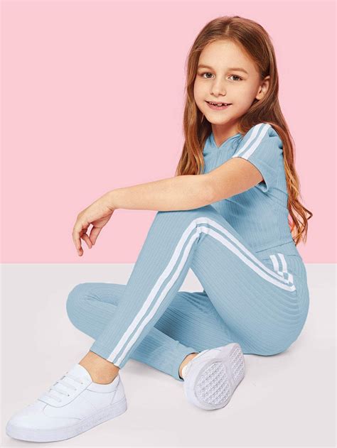 Girls Stripe Side Ribbed Knit Hoodie And Pants Set Kids Outfits Girls